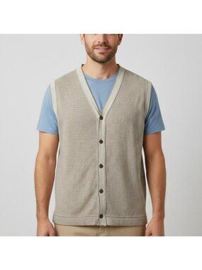 Vintage Britches Georgetowne Size L Gray Beige Stripe Linen Blend Cardigan Vest